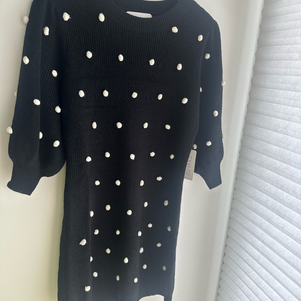 Never Worn Saylor Black Sweater Dress with White Pom Poms